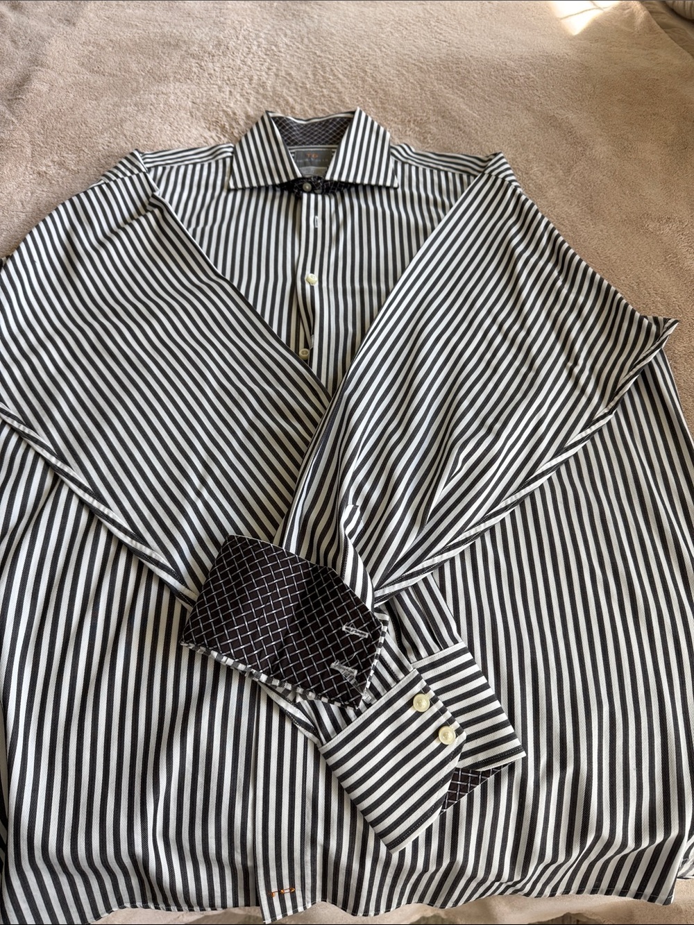 Thomas Dean Black & White Striped Dress Shirt with Contrast Cuffs
